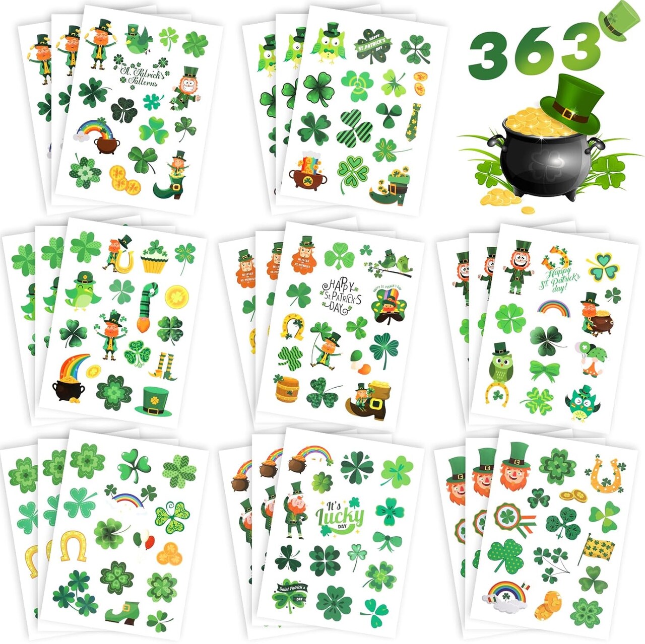 363 Pcs St Patricks Day Stickers for Kids - Bulk Shamrock & Four Leaf Clover Stickers Crafts for Kids Classroom, Irish Saint Patrick's Day Party Favors Supplies Decorative for Gift Box Envelope Cards